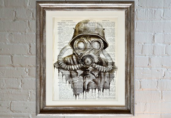 Gas Mask - Collage Art on Large Real English Dictionary Vintage Book Page Perfect Gift For Him