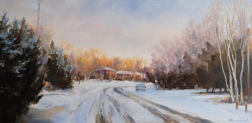 Early morning on my street, original, one of a kind oil on wide-edges canvas impressionistic style painting. by Alexander Koltakov