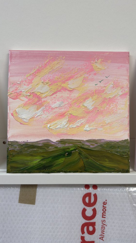 Impressionistic impasto clouds pink green