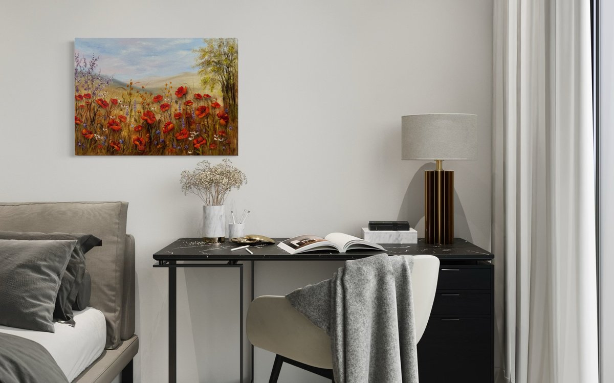 Impressionistic Landscape Oil Painting By Tanja Frost, 29 X 21", Poppies In The Heart, Original Artwork