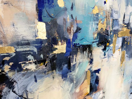 Indigo Clouds - Extra Large Oversize Abstract Painting 71" x 40" , Blue Grey Gold Leaf Soft Colors White Gray Painting