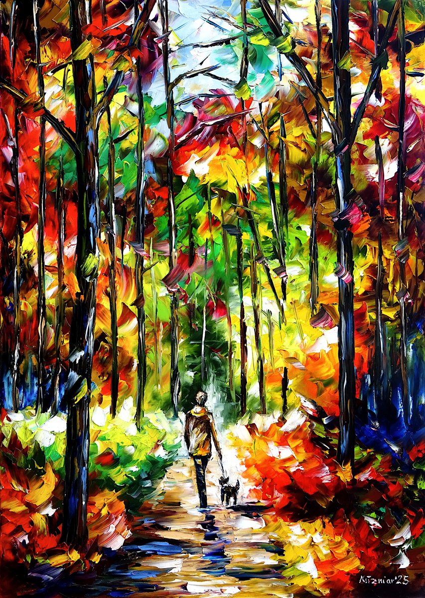 Expressive Landscape Oil Painting By Mirek Kuzniar, 20 X 28", Man With A Dog, Original Artwork