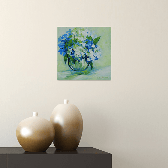 Blue White Hydrangeas Abstract Flowers Small Painting on Canvas. Impressionistic Stile Floral Abstract Art. Modern Impressionism