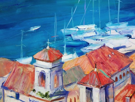 Roofs . 60x80 cm. Panorama view of the ancient town of Kotor . Italian architecture