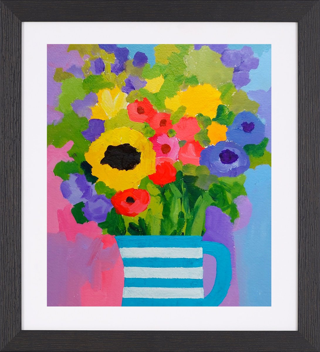 Flowers in a Cornishware Vase by Jan Rippingham