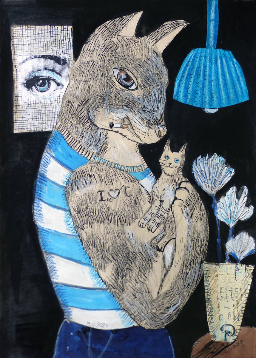 Surrealistic Animal Painting By Elizabeth Vlasova, 12 X 18, Brutal Cat, Original Artwork