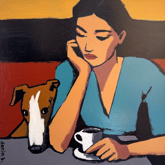 Woman with Dog and Coffee – Original Painting