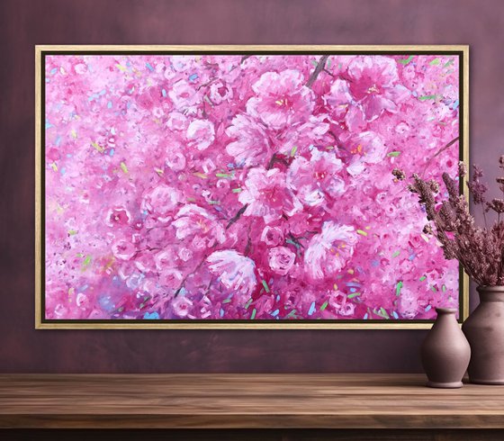 Large abstract flower paintings on canvas, pink blossom artwork, Sakura painting