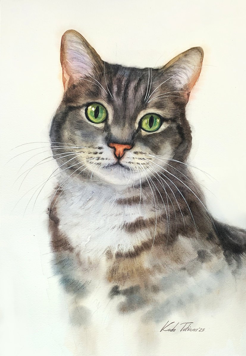 Photorealistic Animal Watercolour By Tetiana Koda, 11 X 16", Cat Portrait 28X40 Cm, Original Artwork
