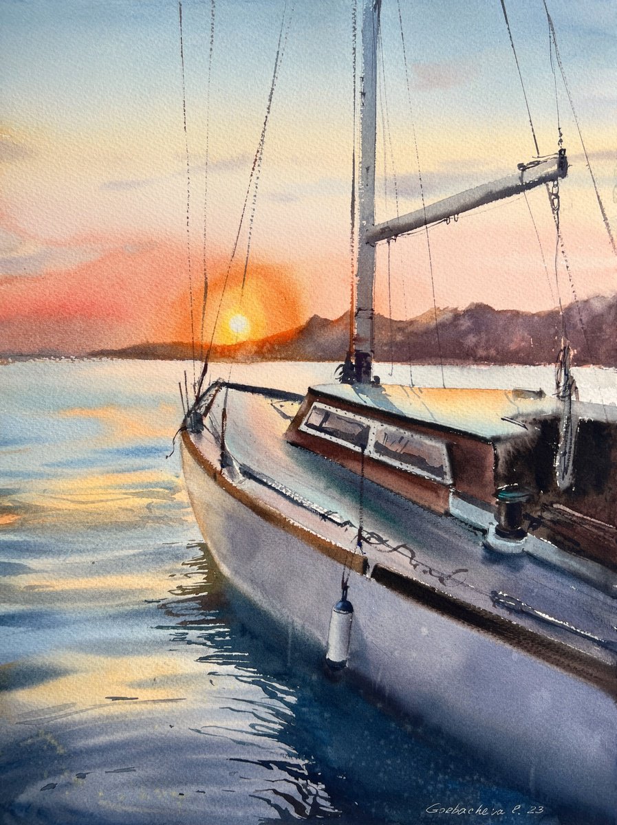 Impressionistic Landscape Watercolour By Eugenia Gorbacheva, 12 X 16, Yacht At Sunset #7, Original Artwork