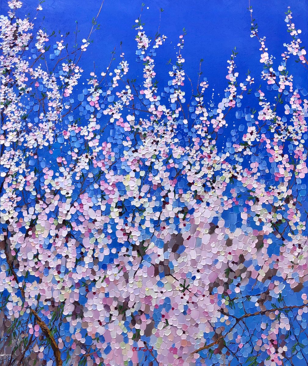 Impressionistic Botanical Oil Painting By Ulyana Korol, 21 X 26", Early Spring In The Mountains, Original Artwork