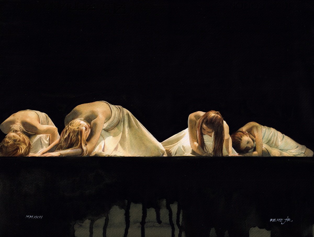 Photorealistic Portrait Watercolour By Reme Jr., 19 X 14", Ballet Dancers Cdlxxxiv, Original Artwork