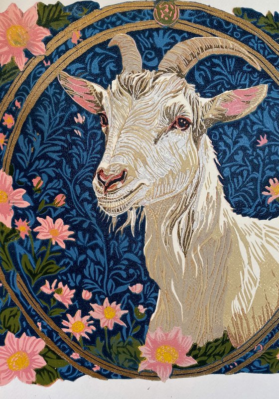 Goat – reduction linocut print