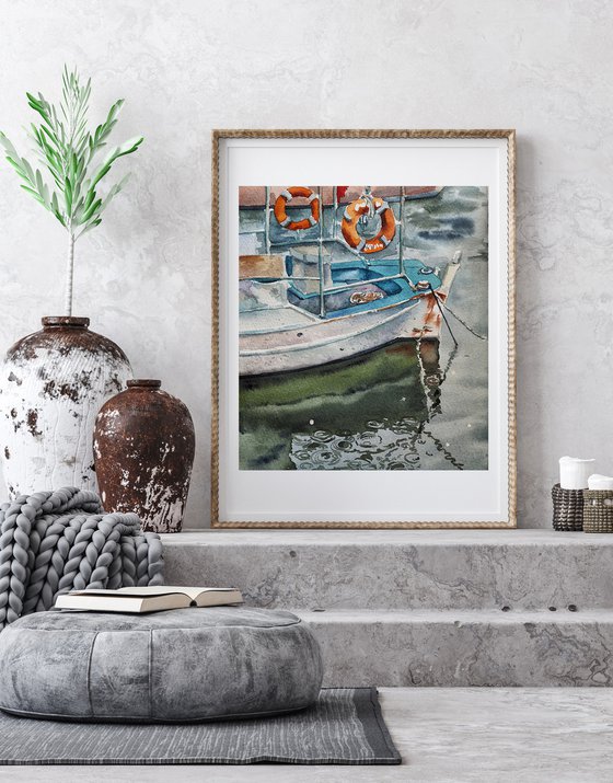 Rainy day at the port - original watercolor, boat with reflection, seascape