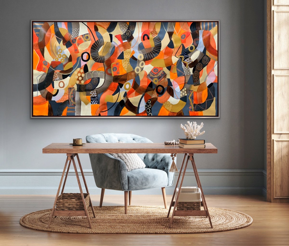 Organic Abstract Painting By Rashna Hackett, 72 X 36", Autumn Vibes, Original Artwork