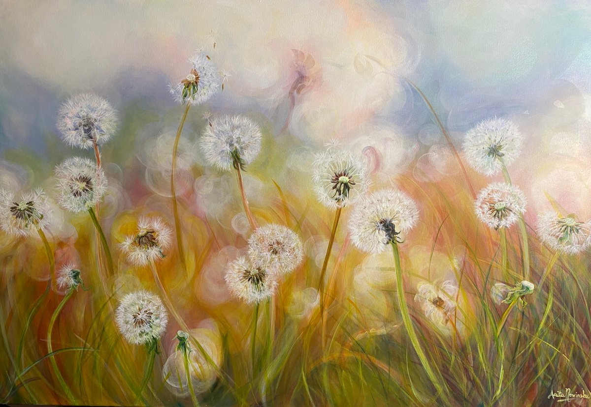 Freedom- dandelion seed painting on canvas by Anita Nowinska