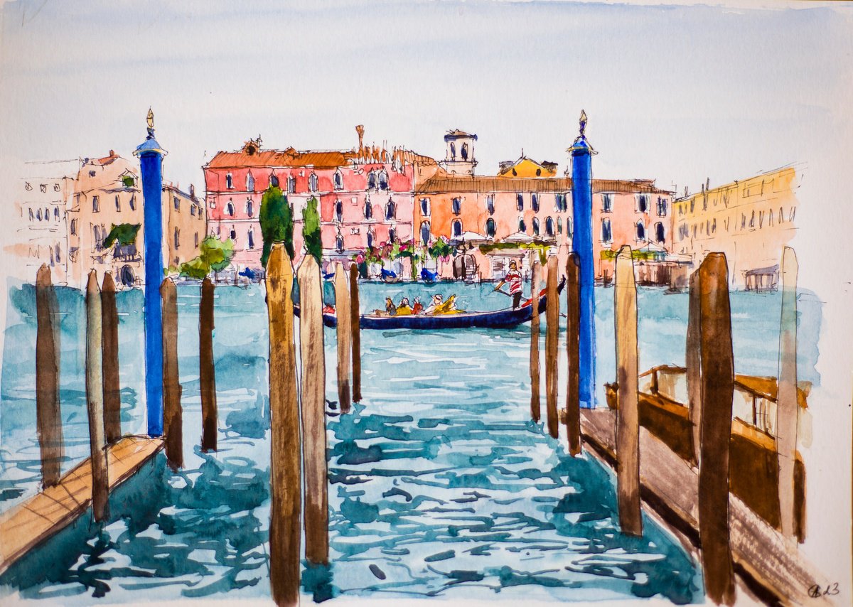 Venice. Grand canal view. Urban sketching small interior gift drawing by Sasha Romm
