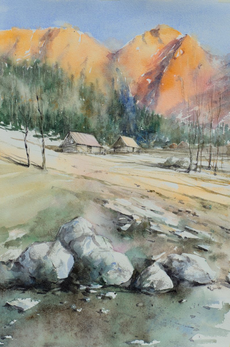 Impressionistic Landscape Watercolour By Eve Mazur, 15 X 22, Giewont In The Setting Sun, Original Artwork
