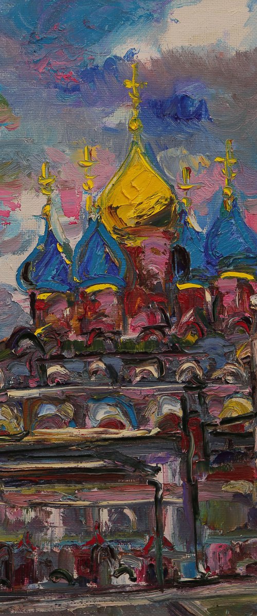 MOSCOW. CLOUDS OVER VARVARKA - Cityscape - Russia church love sky , oil painting by Karakhan
