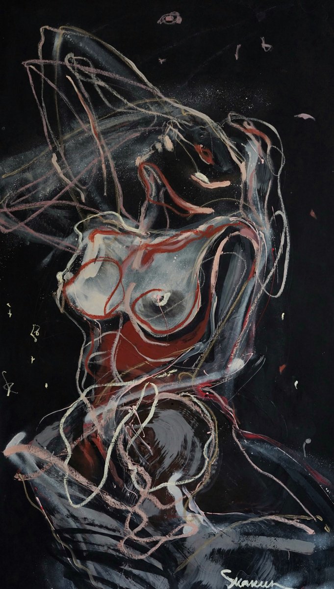 Expressive Portrait Acrylic Painting By Mari Skakun, 30 X 52", Venus On A Black Background, Original Artwork