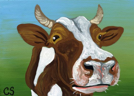 ACEO ATC Original Painting Brown White Cow Farmyard Art-Carla Smale