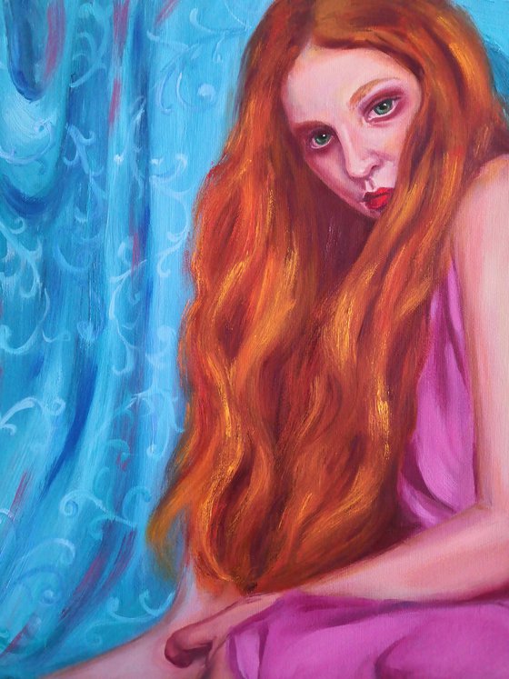 Red-haired girl on turquoise background