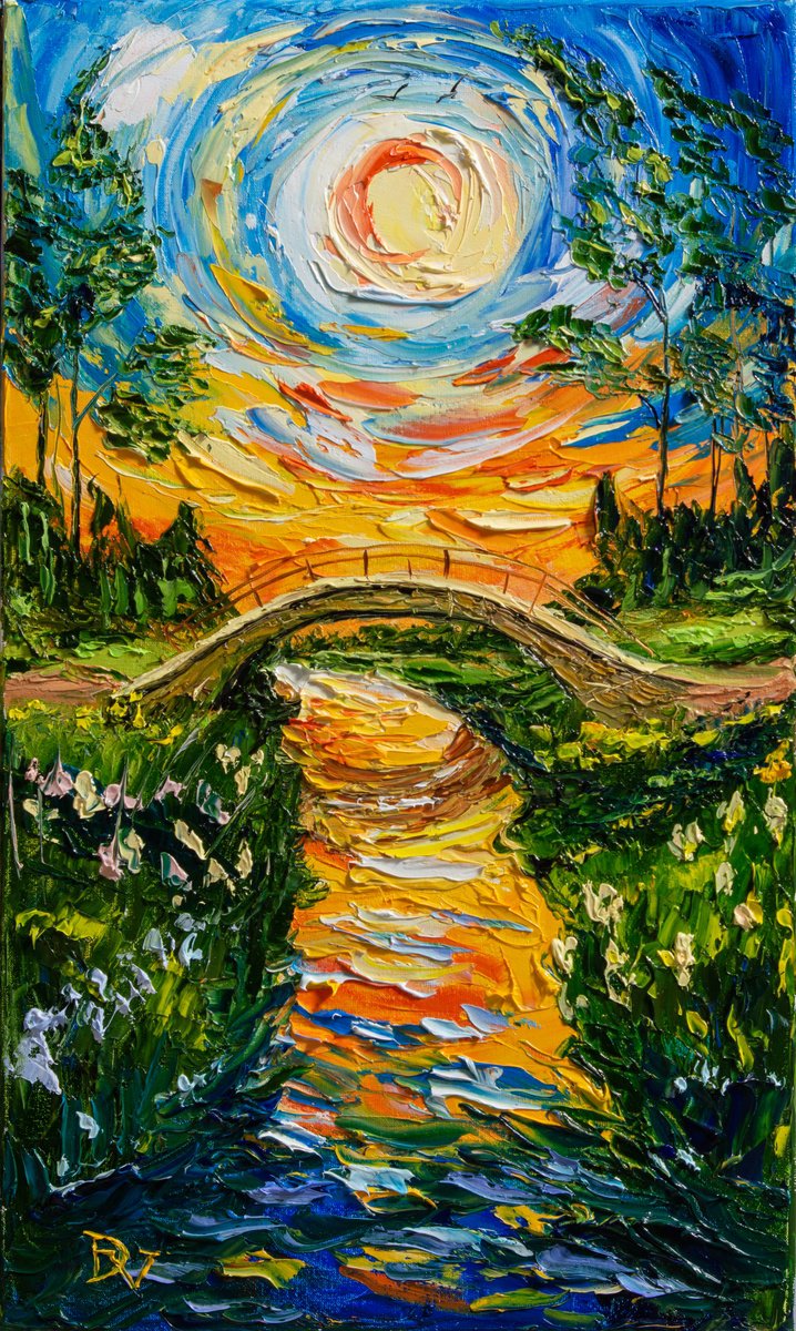 Impressionistic Landscape Oil Painting By Vladyslav Durniev, 12 X 20", Embrace Of The Sunset, Original Artwork