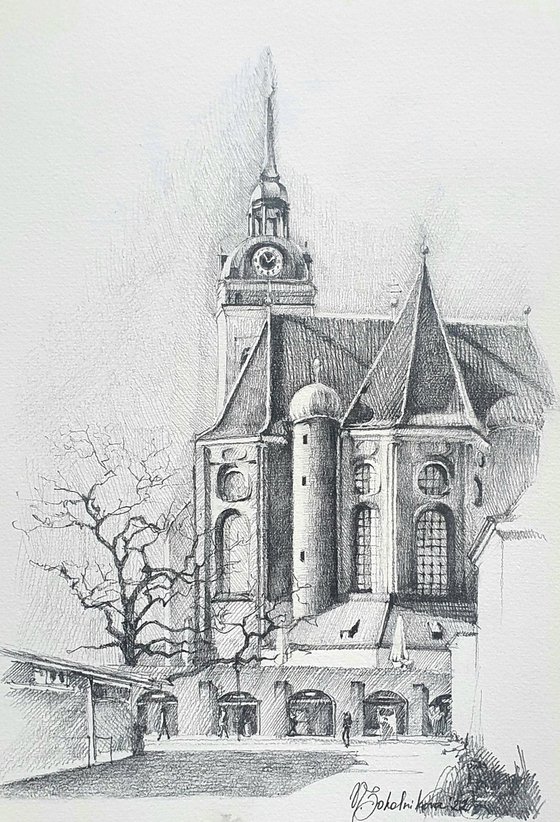 Munich - cityscape, monochrome drawing, framed