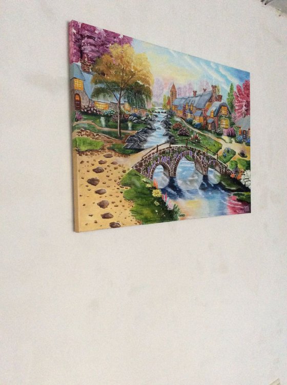 Oil painting, Gift idea, Children room decor, modern wall art Fairy village