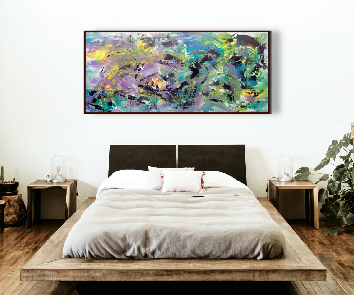 Expressive Abstract Acrylic Painting By Davide De Palma, 79 X 35, Obscure With Yellow, Original Artwork