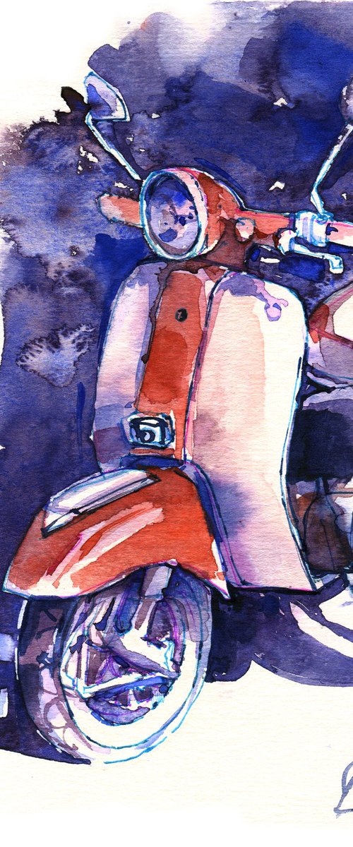 "Retro scooter. White with a red stripe" - watercolor sketch - series "Artist's Diary" by Ksenia Selianko