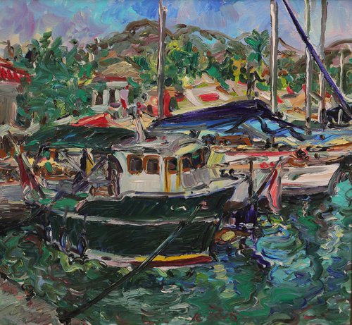 MARMARIS BOAT - marina landscape, original painting oil on canvas, boats, vacations holyday summer , seashore, water by Karakhan