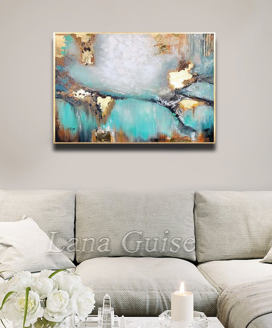 Awake my Soul - Teal Abstract Painting 32" Large Canvas, Gold Leaf, Minimalist Painting, Blue Green Aqua Abstract Painting