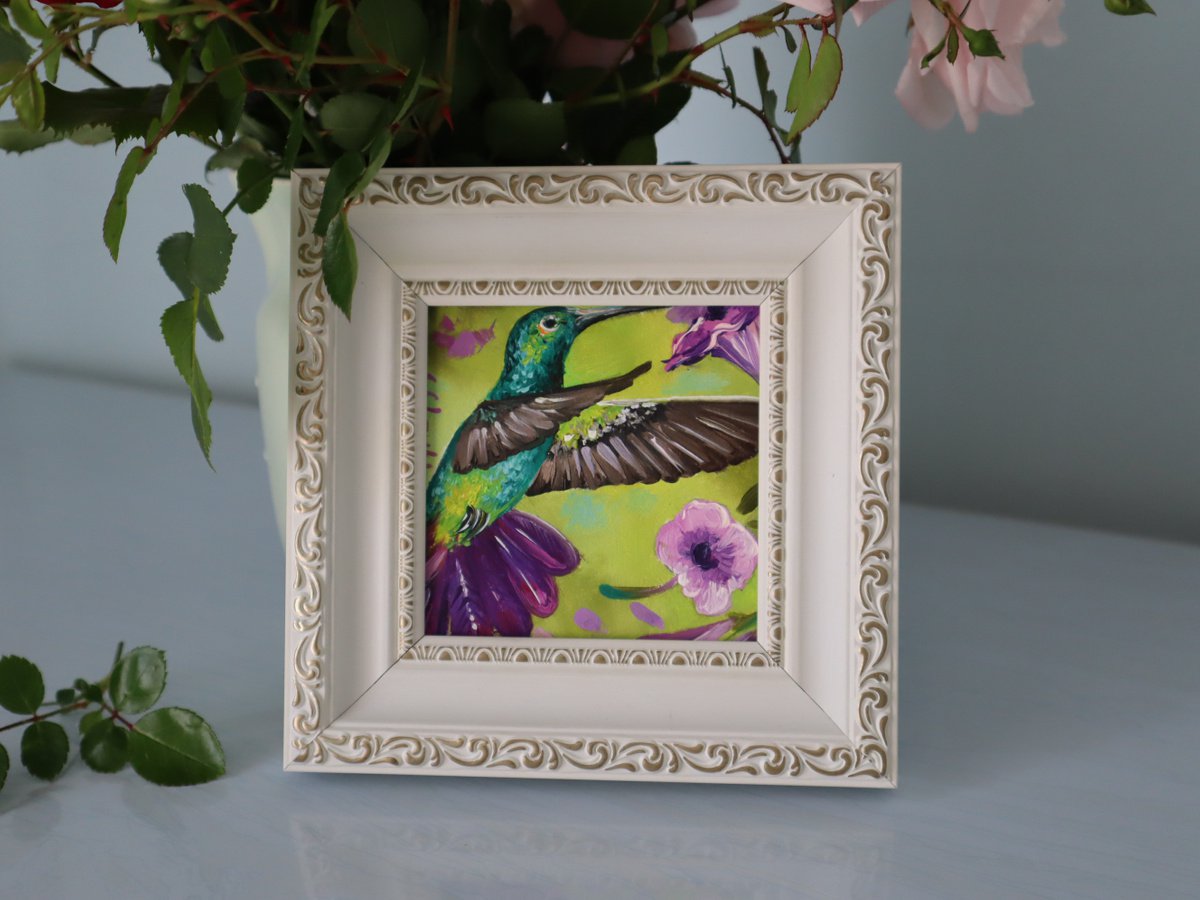 Hummingbird ART Oil PAINTING ORIGINAL framed 4x4 Hummingbird and Flower, animals Artwork by Natalia Shaykina