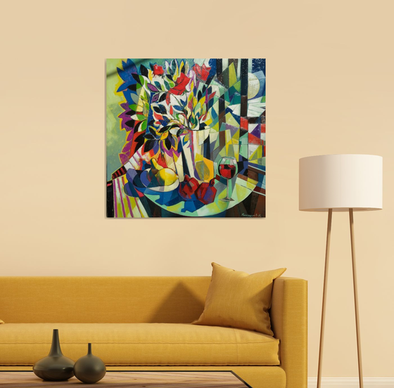 Still life with wine and pomegranates (80x80cm, cubism, oil painting, ready to hang)