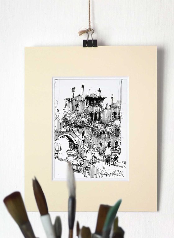 Scene from Venice, Original ink drawing.