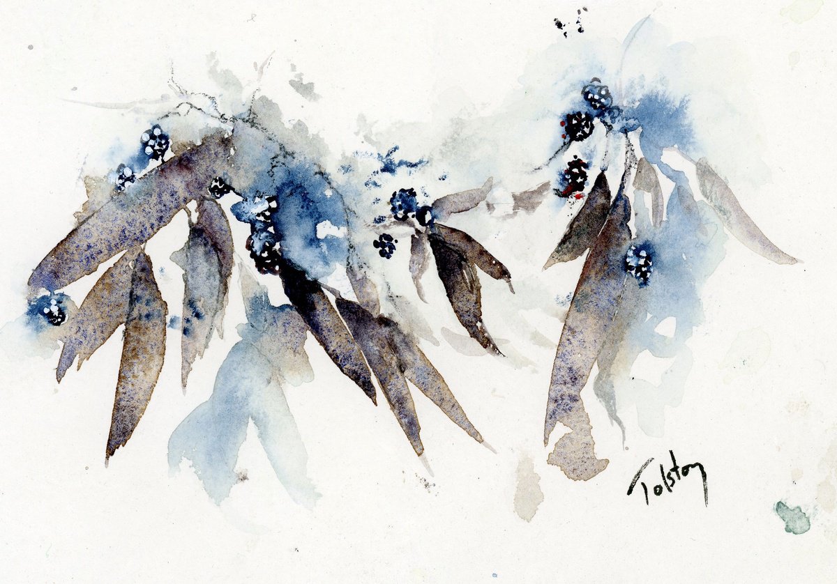Impressionistic Botanical Watercolour By Alex Tolstoy, 14 X 10, Hanging Leaves & Blackberries, Original Artwork