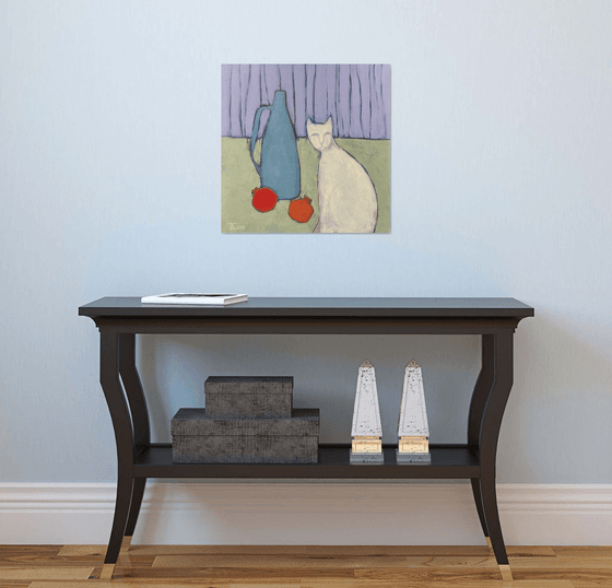 Still life and a white cat.