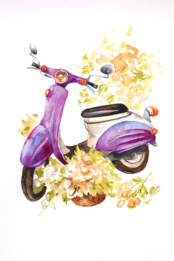 Italian watercolor scooter bike with flower basket