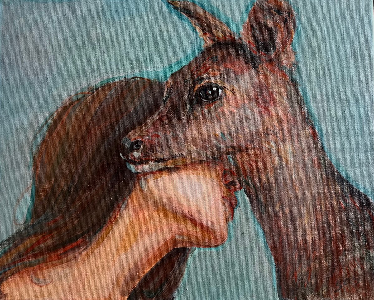 Impressionistic Animal Acrylic Painting By Liubou Sas, 12 X 9", My Dear Deer, Original Artwork