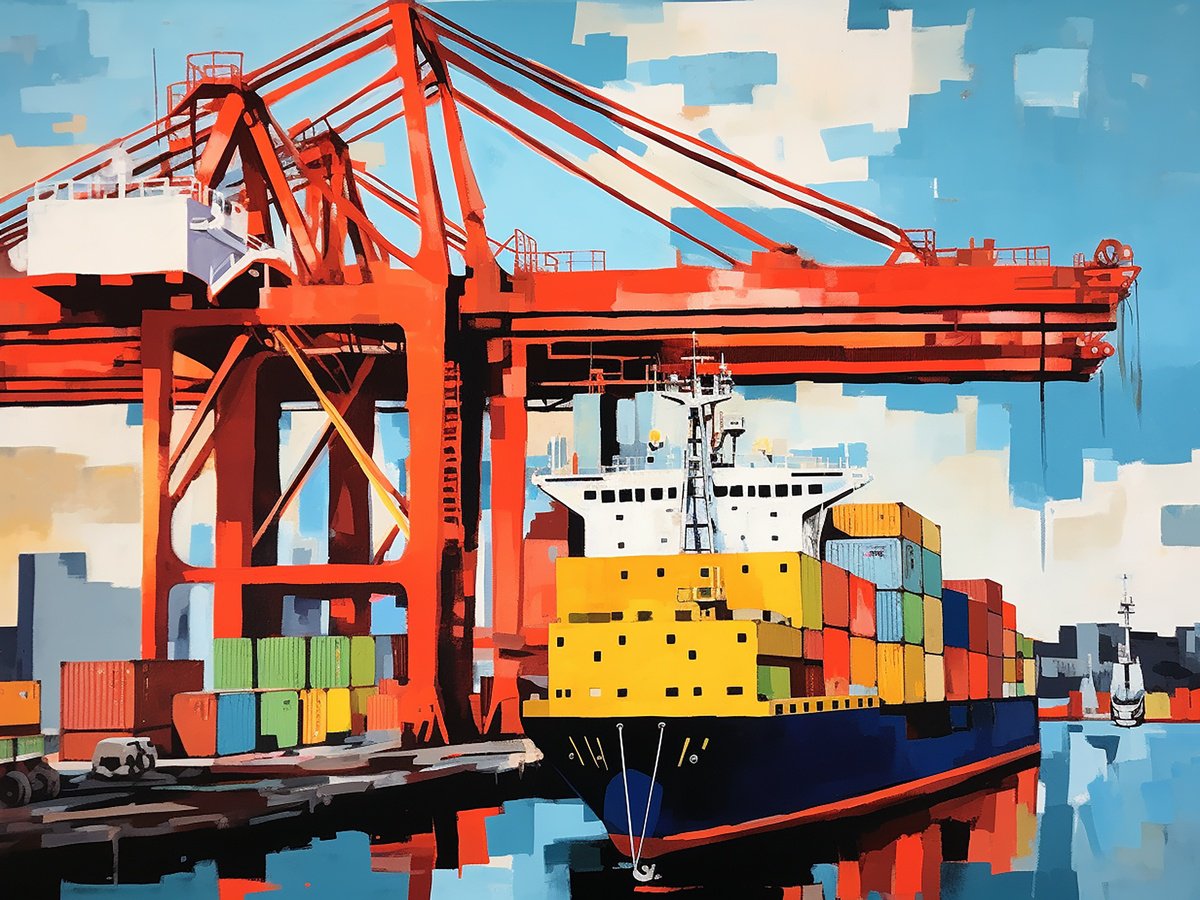 Impressionistic Transport Acrylic Painting By Kosta Morr, 31 X 24", Seaport, Original Artwork