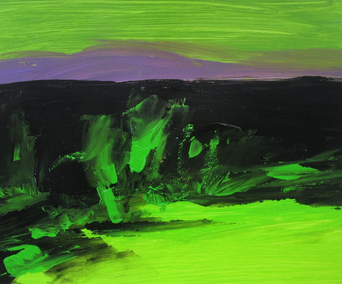 Impressionistic Landscape Acrylic Painting By Abhishek Kumar, 16 X 13, Green Sunset, Original Artwork