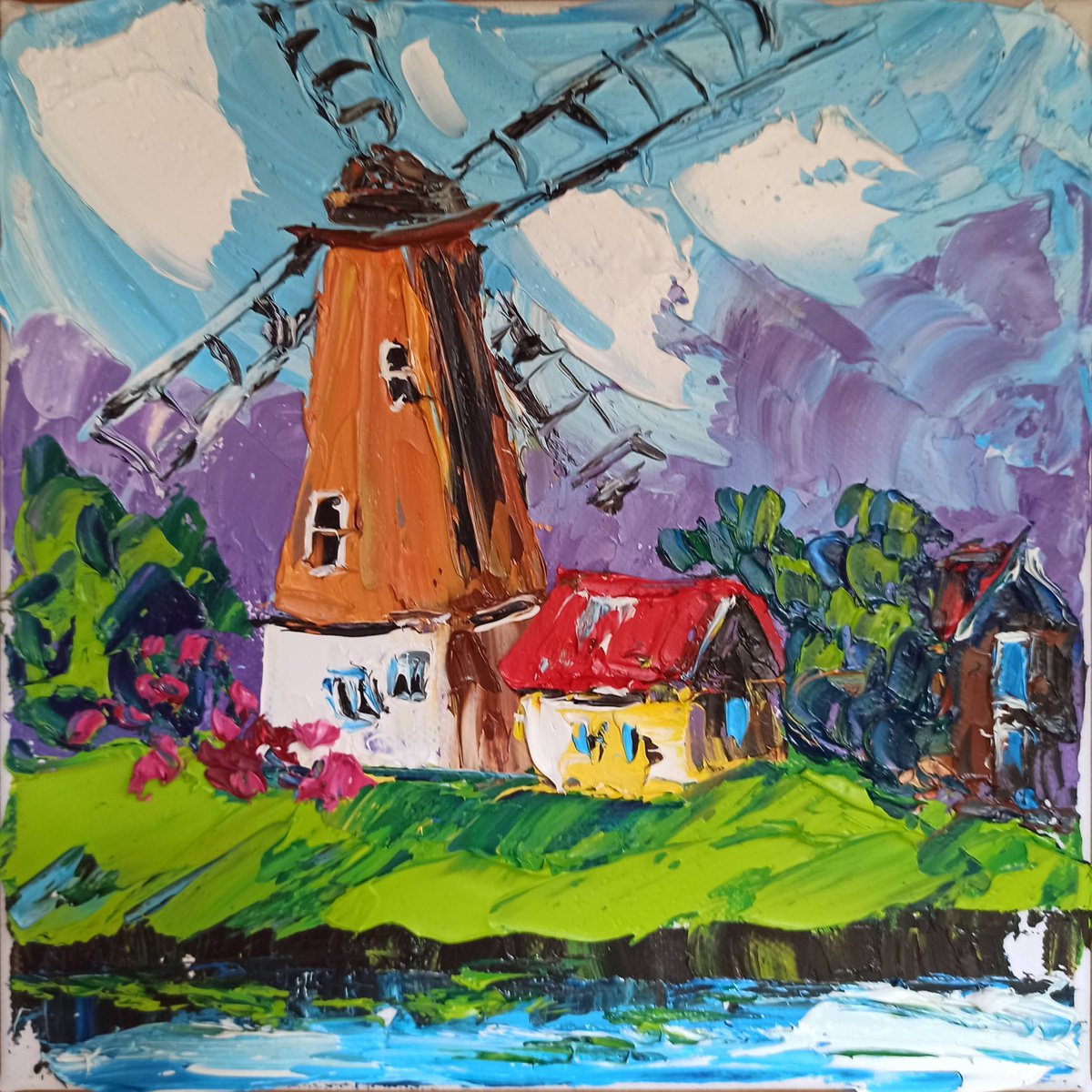 Impressionistic Landscape Oil Painting By Oksana Fedorova, 8 X 8", The Windmill, Original Artwork
