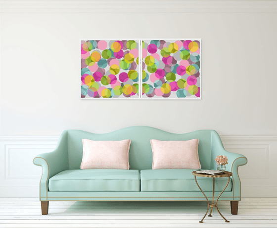 Abstract multicolored bright circles pink gray green turquoise- Diptych #1 & #2