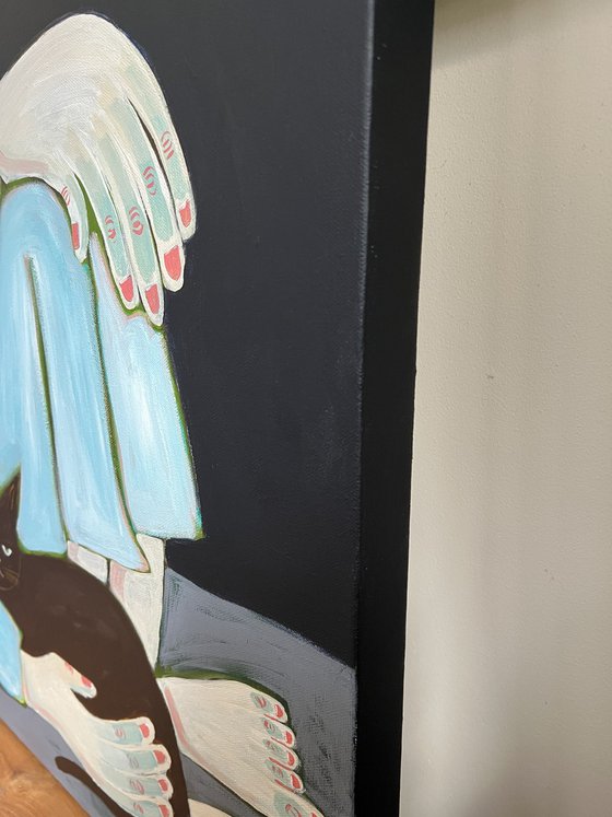 Lady and Cat with big hands and feet