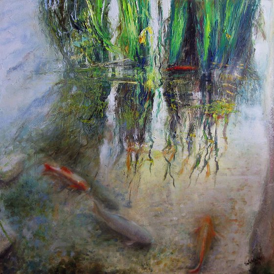Red fishes and silver lakes . Koi carp fish . Original oil painting
