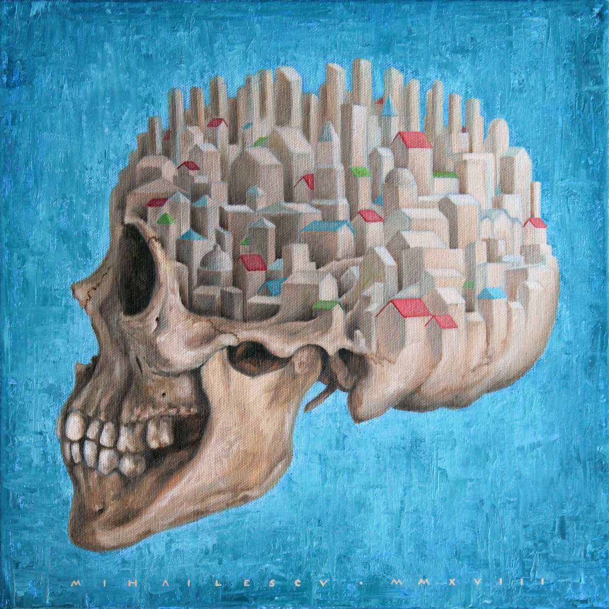 Surrealistic Cityscapes Oil Painting By Ciprian Mihailescu, 12 X 12, City Break, Original Artwork