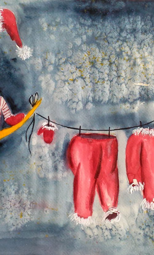 Santa Claus Painting Christmas Original Art Sleeping Santa Small Watercolor Moon Artwork Home Wall Art 14 by 10" by Halyna Kirichenko by Halyna Kirichenko