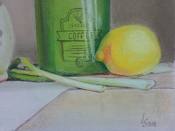 Still Life with lemons and a green jar