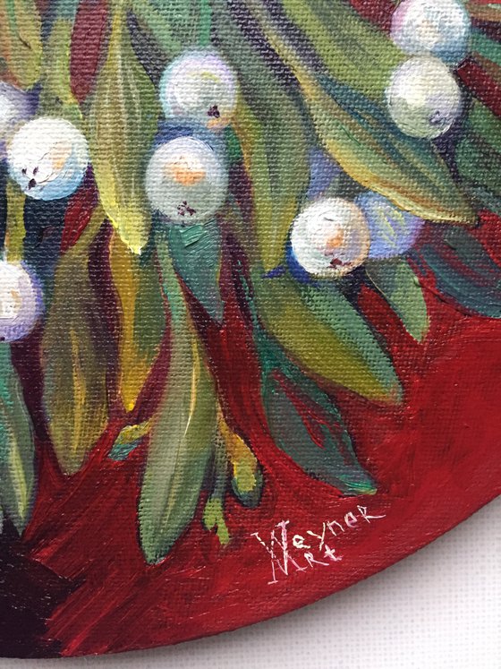 Mistletoe branches. Christmas decor. Christmas painting.